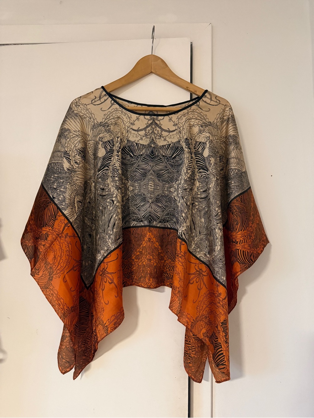 Women's Orange and Cream Printed silky Poncho
